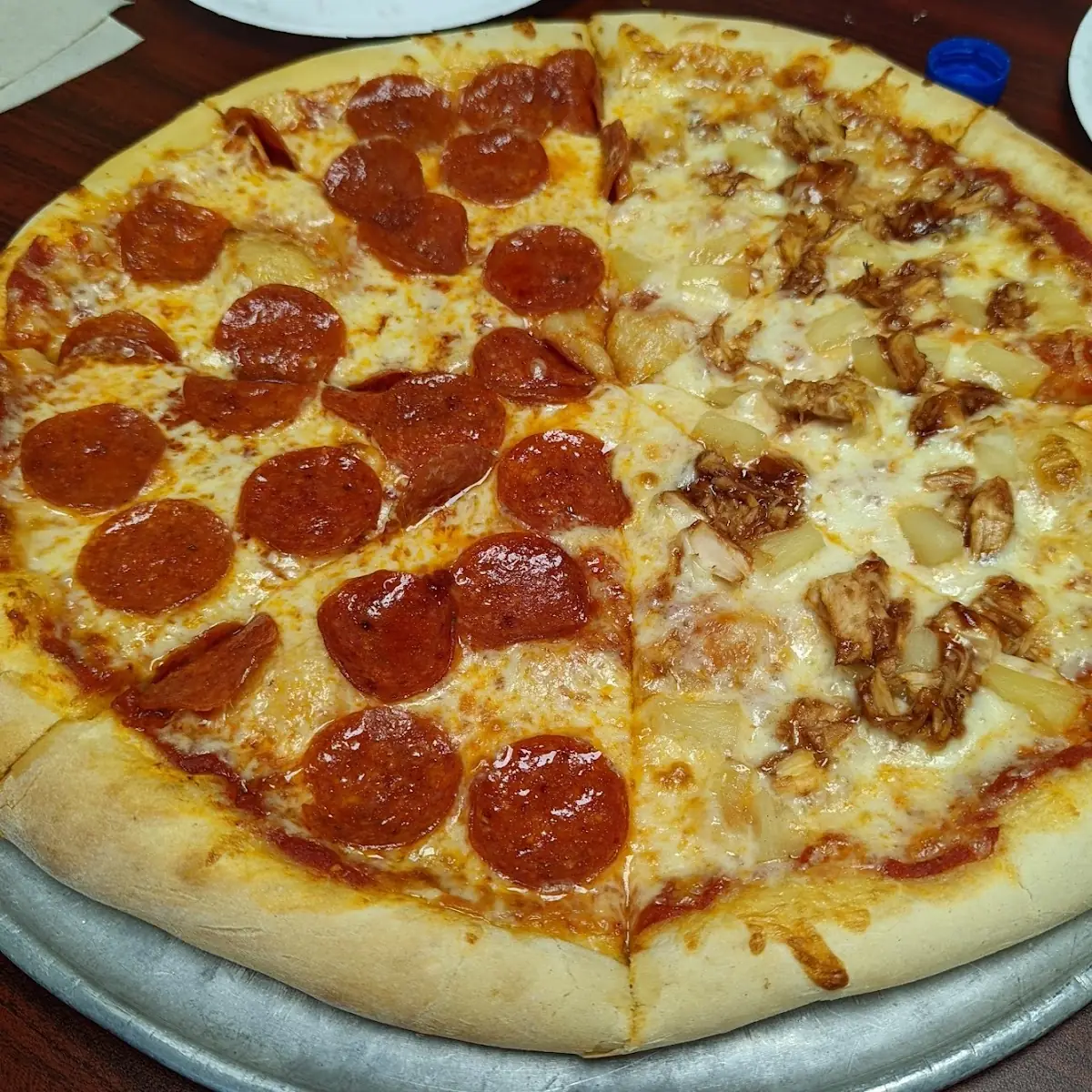 Pizza - Half Pepperoni Half BBQ Chicken and Pineapple