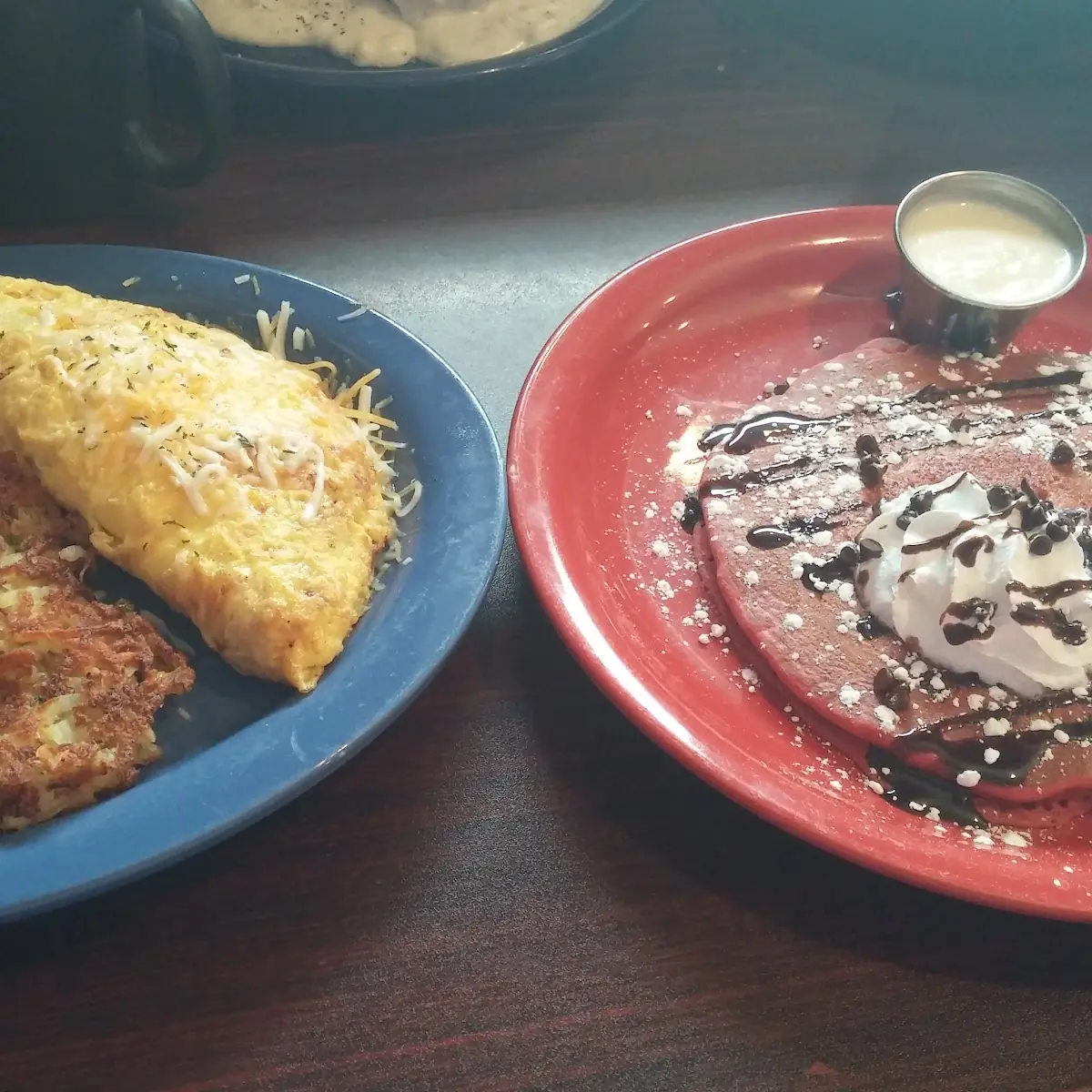 Red Velvet Pancake Ham and Cheese Omelette Hash Browns
