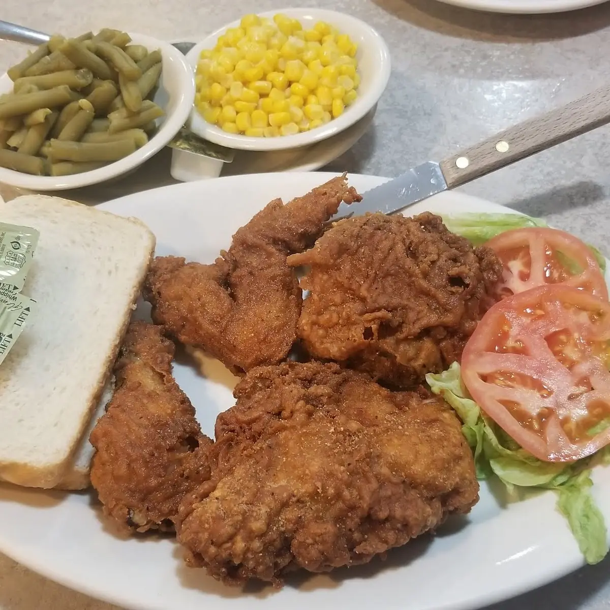 Fried Chicken Dinner with Green Beans and Corn
