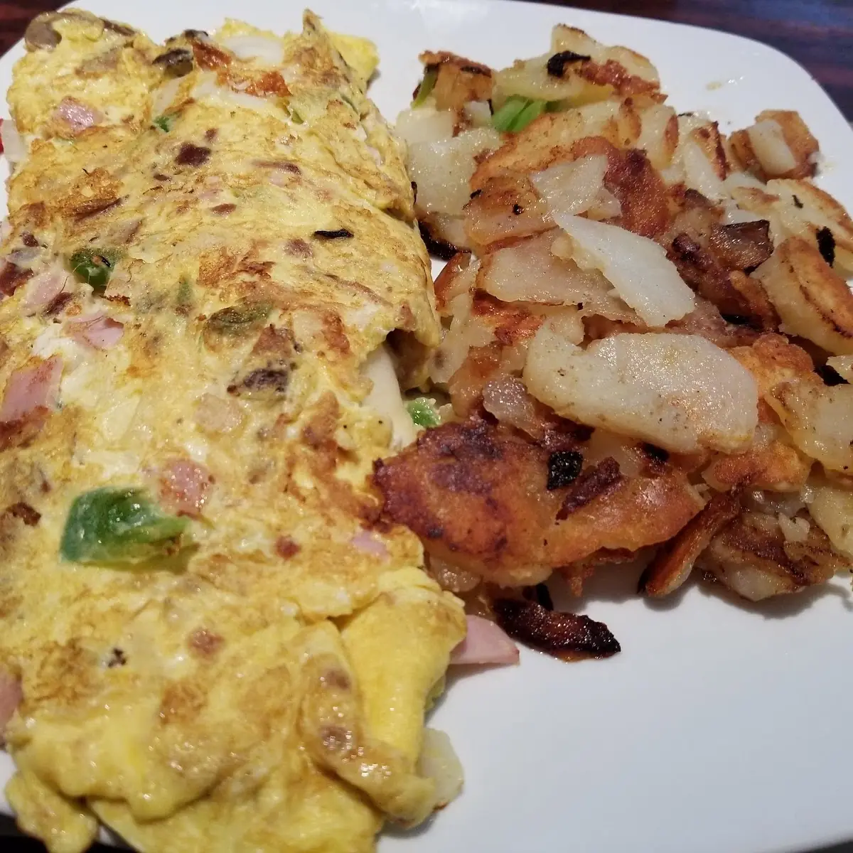 Scrambled Eggs with Bacon and Deep Fried Home Fries