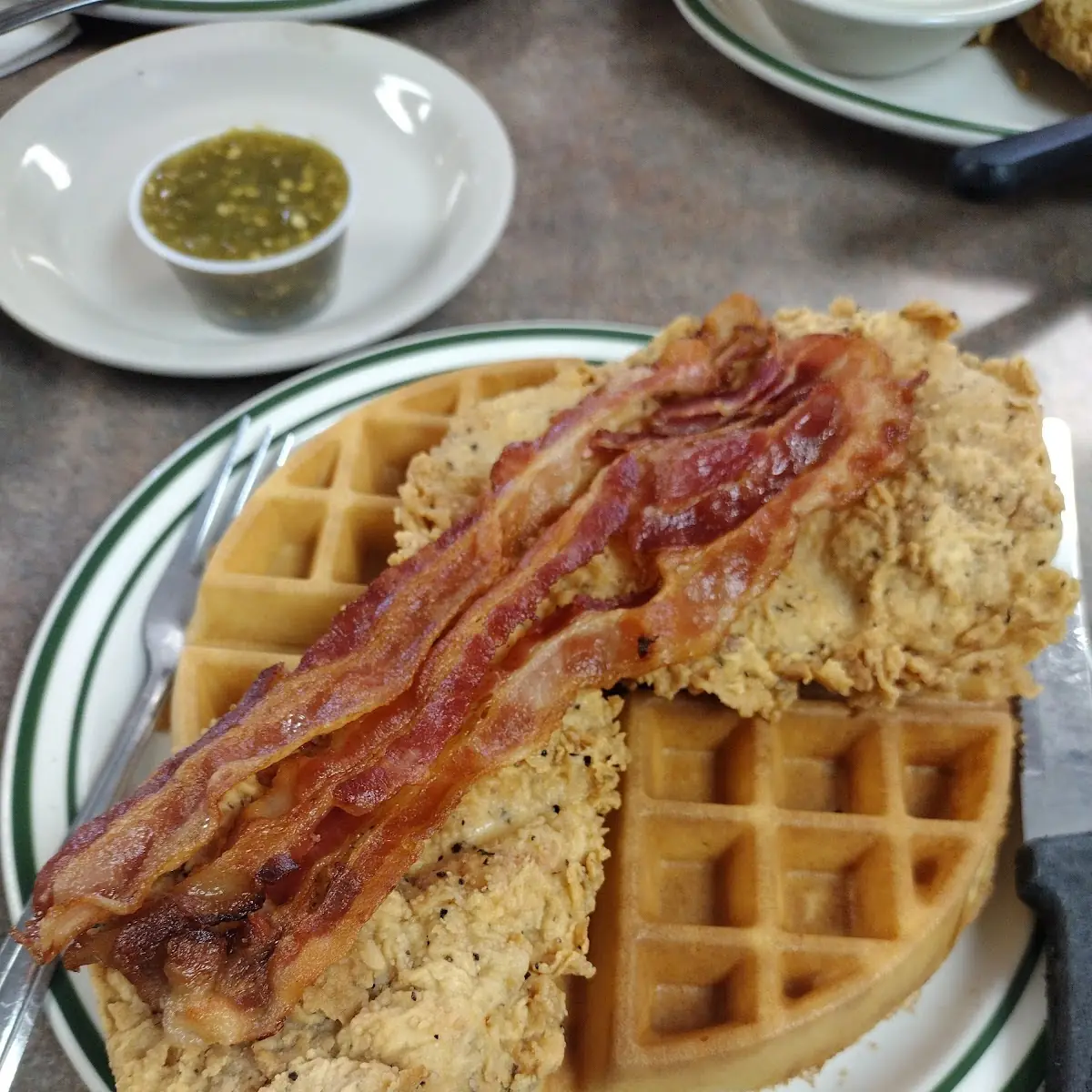 Chicken and Waffles Topped with Bacon