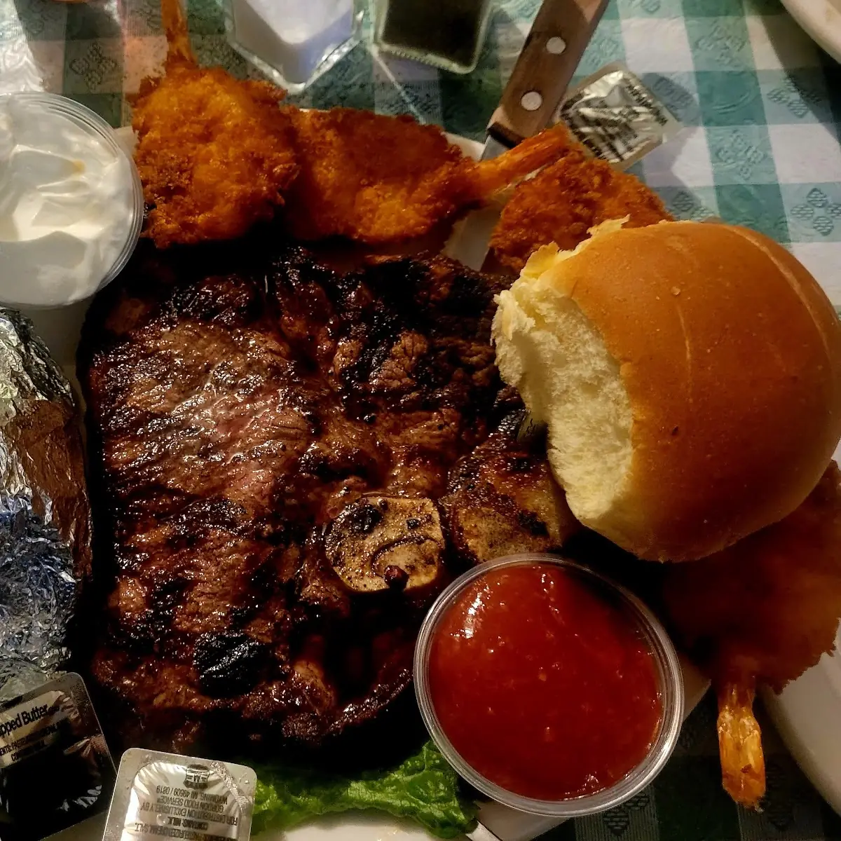 Tee-Bones Bake Potatoes Side Salad Jalapeno Rice Pilaf Quart of Chili to Go and Cherry Cheese Cake