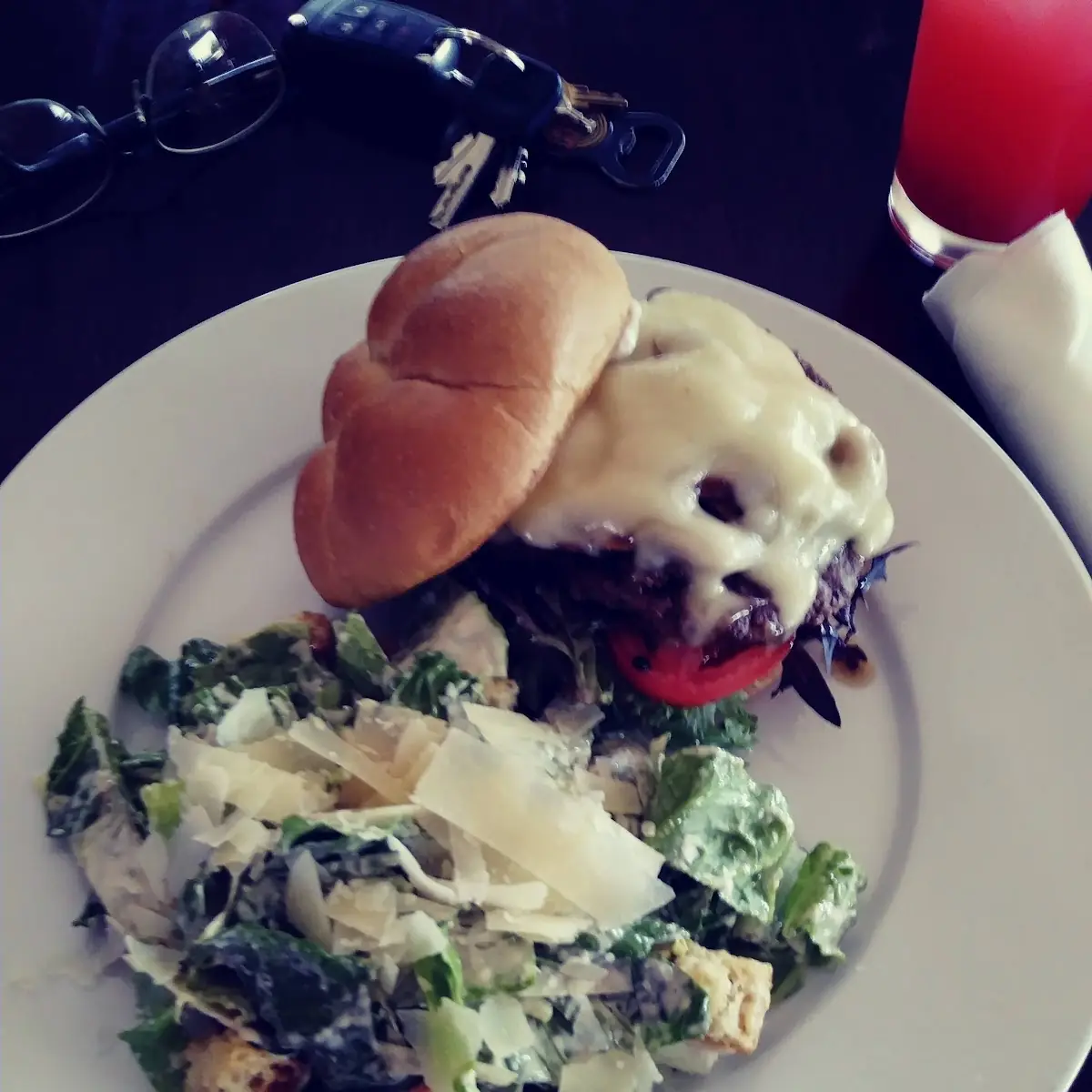 Mushroom Swiss Burger with Caesar Side Salad