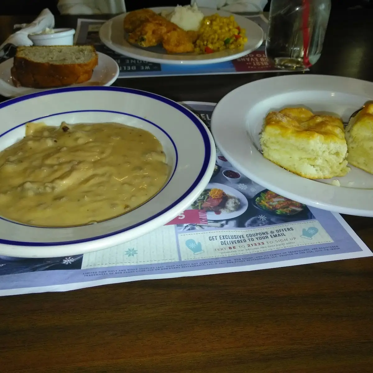 Fried Chicken Corn Mashed Potatoes and Sausage Biscuit and Gravy
