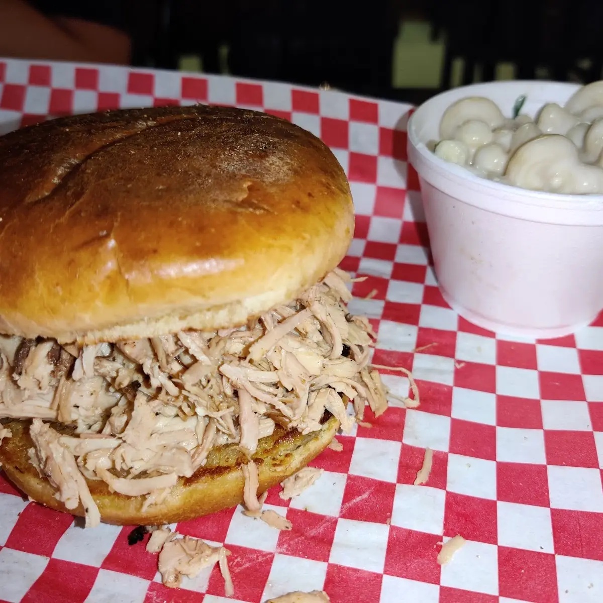 Pulled Chicken Sandwich with White Cheddar Mac and Cheese