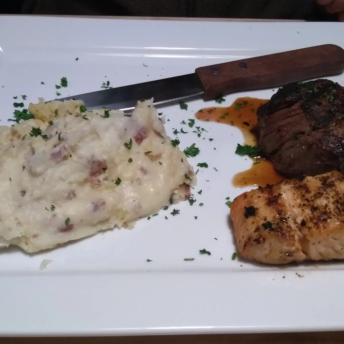 6 Oz Filet Mignon with Salmon and Mashed Potatoes