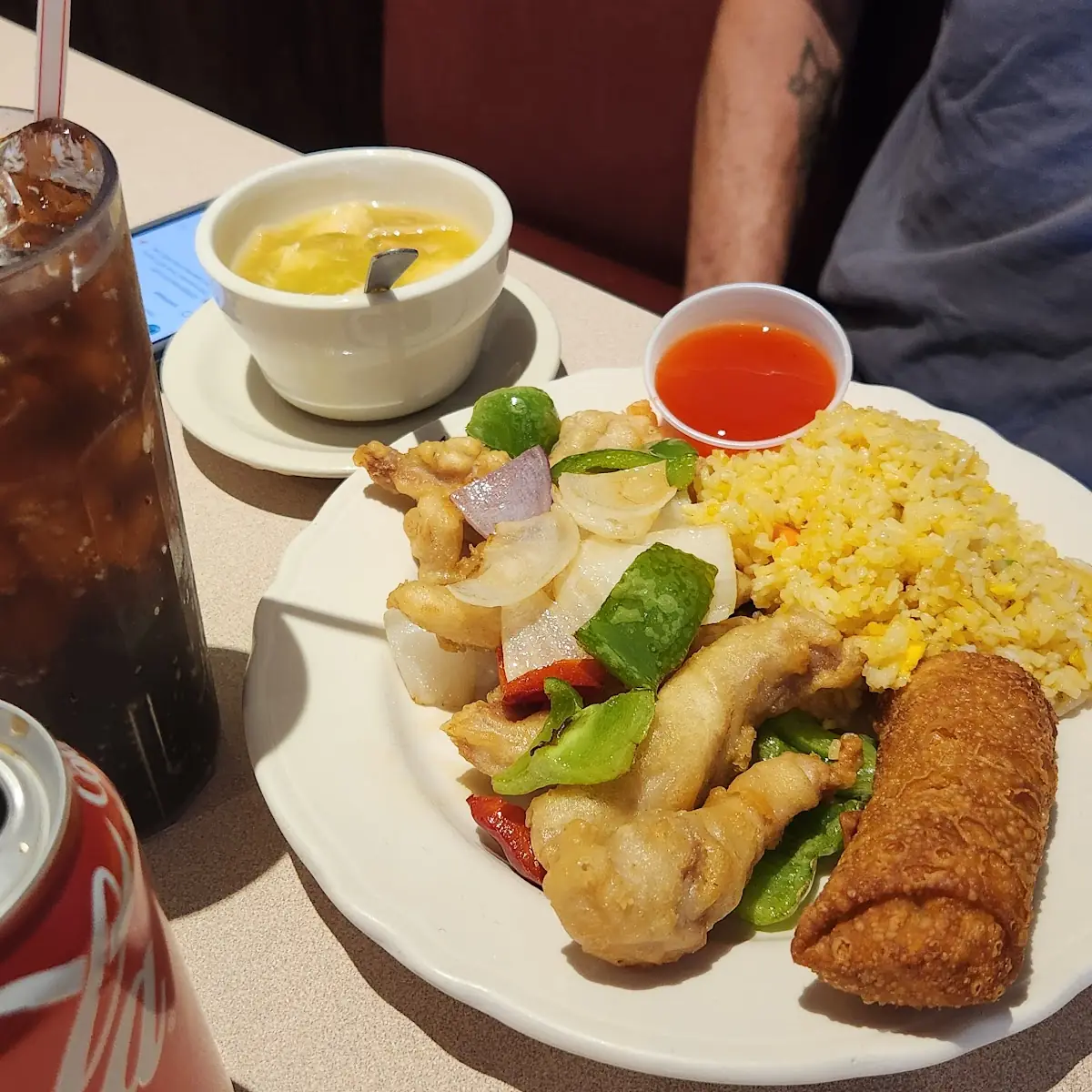 Sweet and Sour Chicken with Egg Roll and Egg Drop Soup