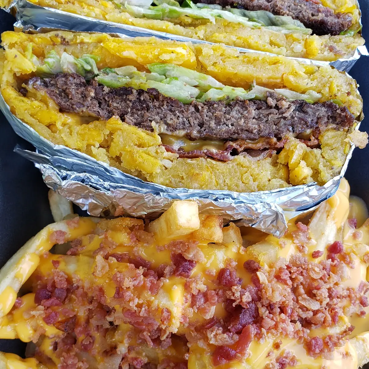 Mofongo Burger and Fries with Cheese