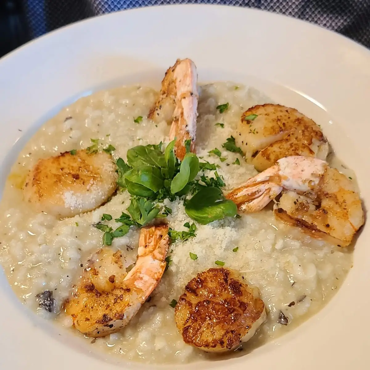 Grilled Shrimp and Scallops over Truffle Risotto