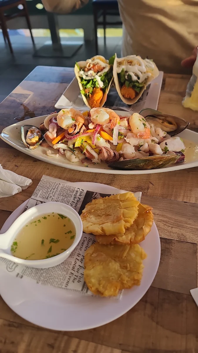 Ceviche Mixto Tostones De Pana Y Fish Tacos
