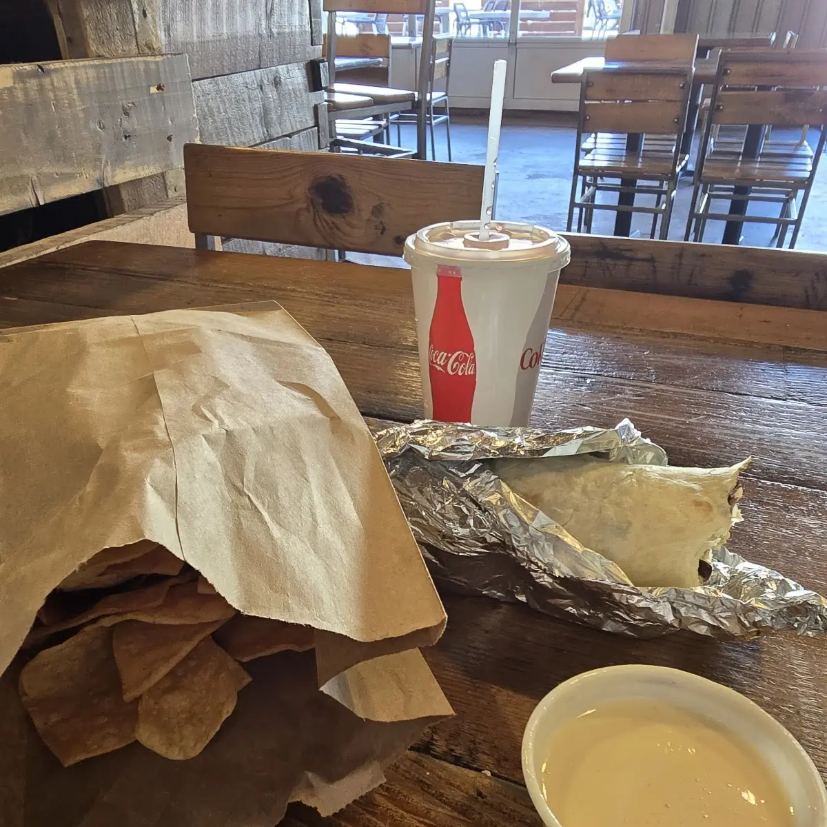 Chicken Burrito with Chips and Queso