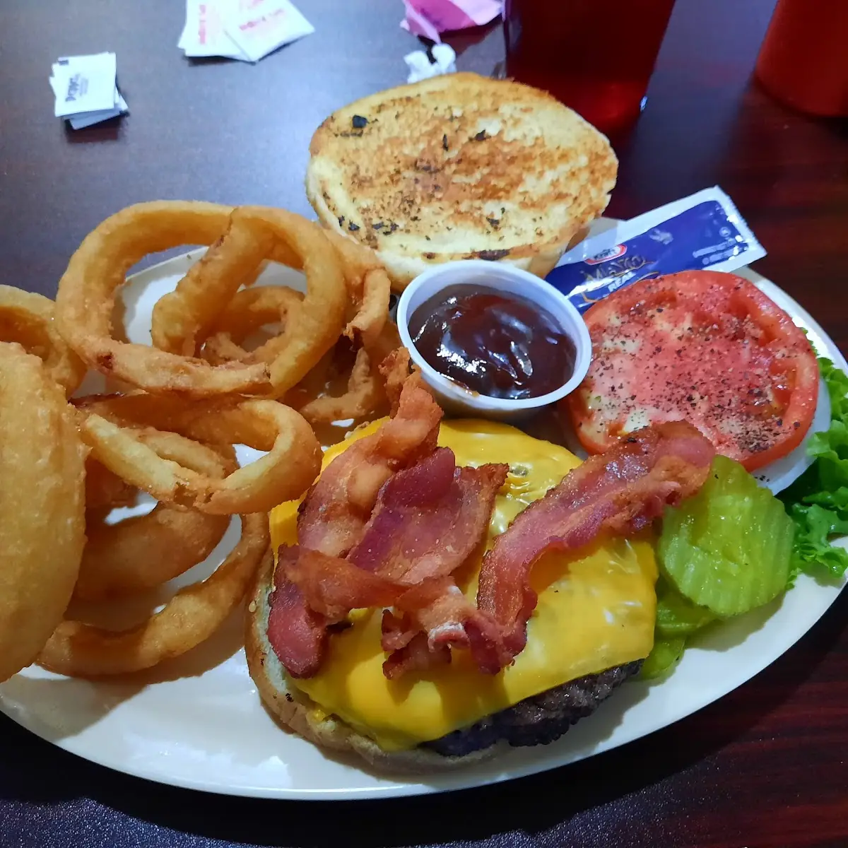 Bacon Cheeseburger and Onion Rings