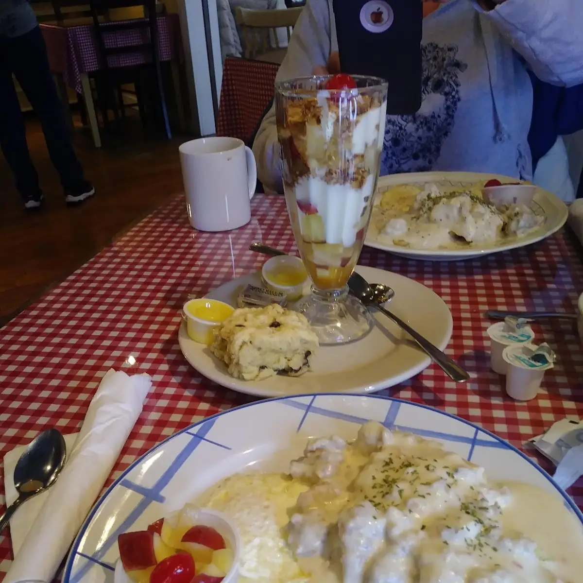 Biscuits and Gravy with Eggs and Fruit Cup