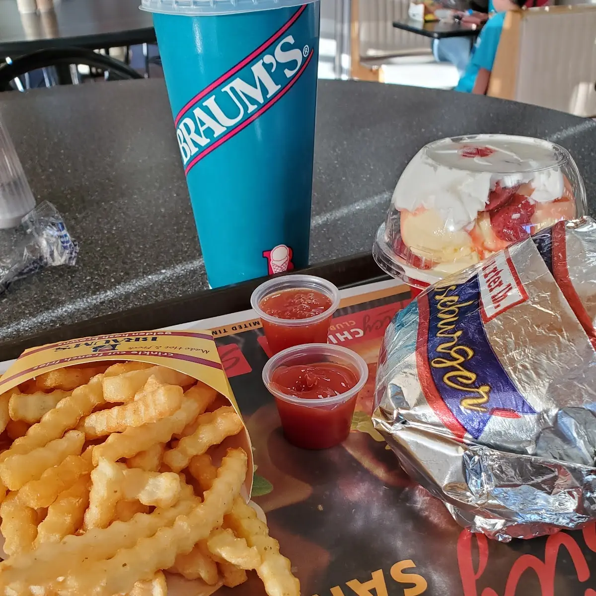 Burger and Fries with Strawberry Shortcake Sundae