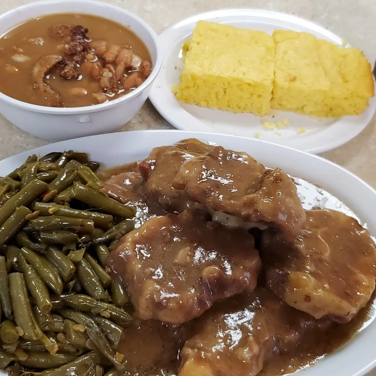 Ox Tail Green Beans Pinto Beans with Bacon and Corn Bread