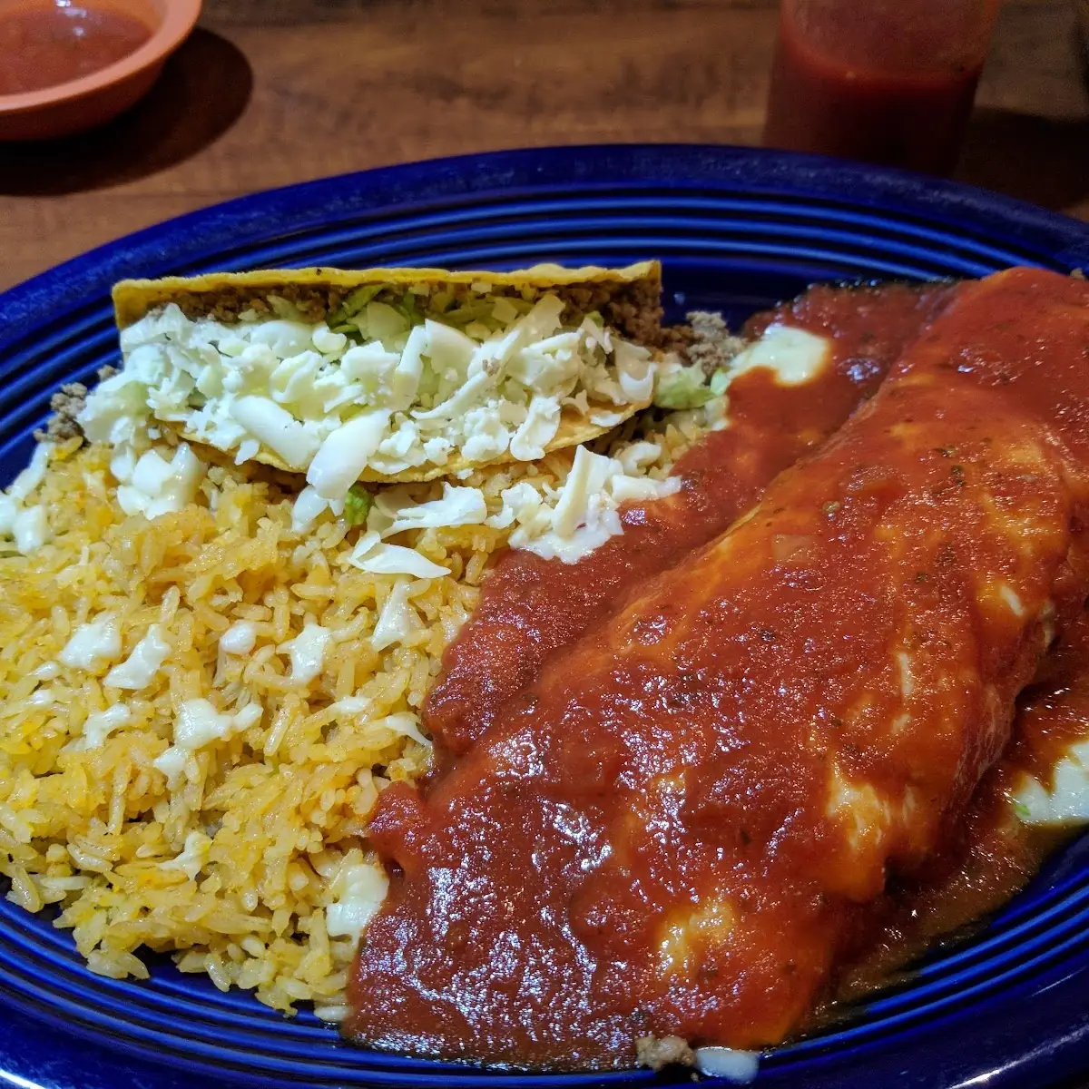 Enchilada Taco and Refried Beans