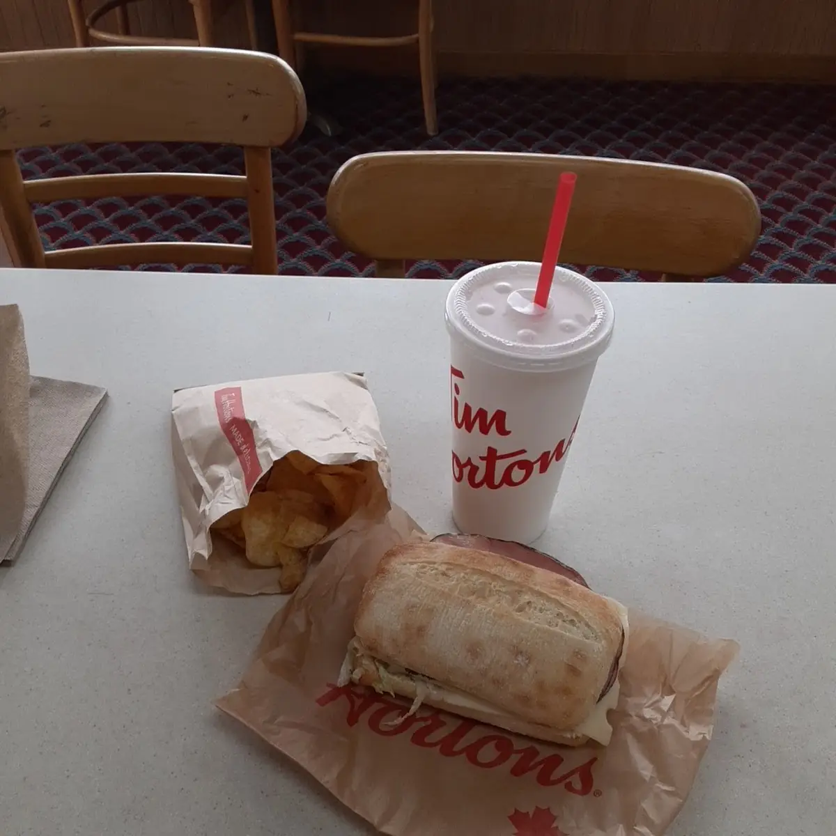 Black Forest Ham Sandwich with Potato Chips and a Sprite