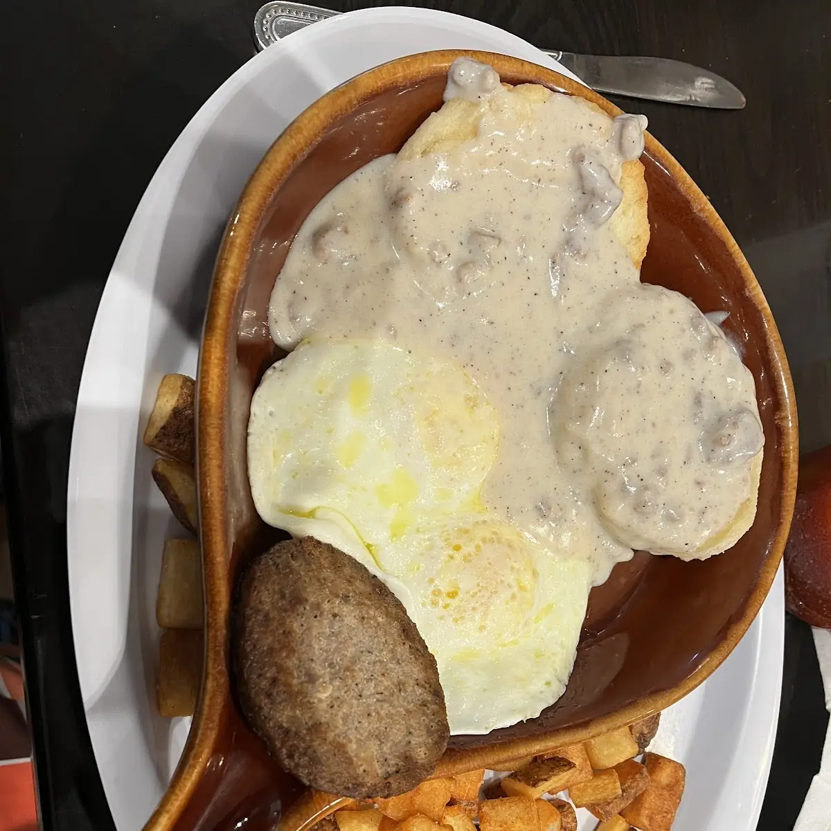 Sausage Biscuits and Gravy with Eggs Fried Potatoes