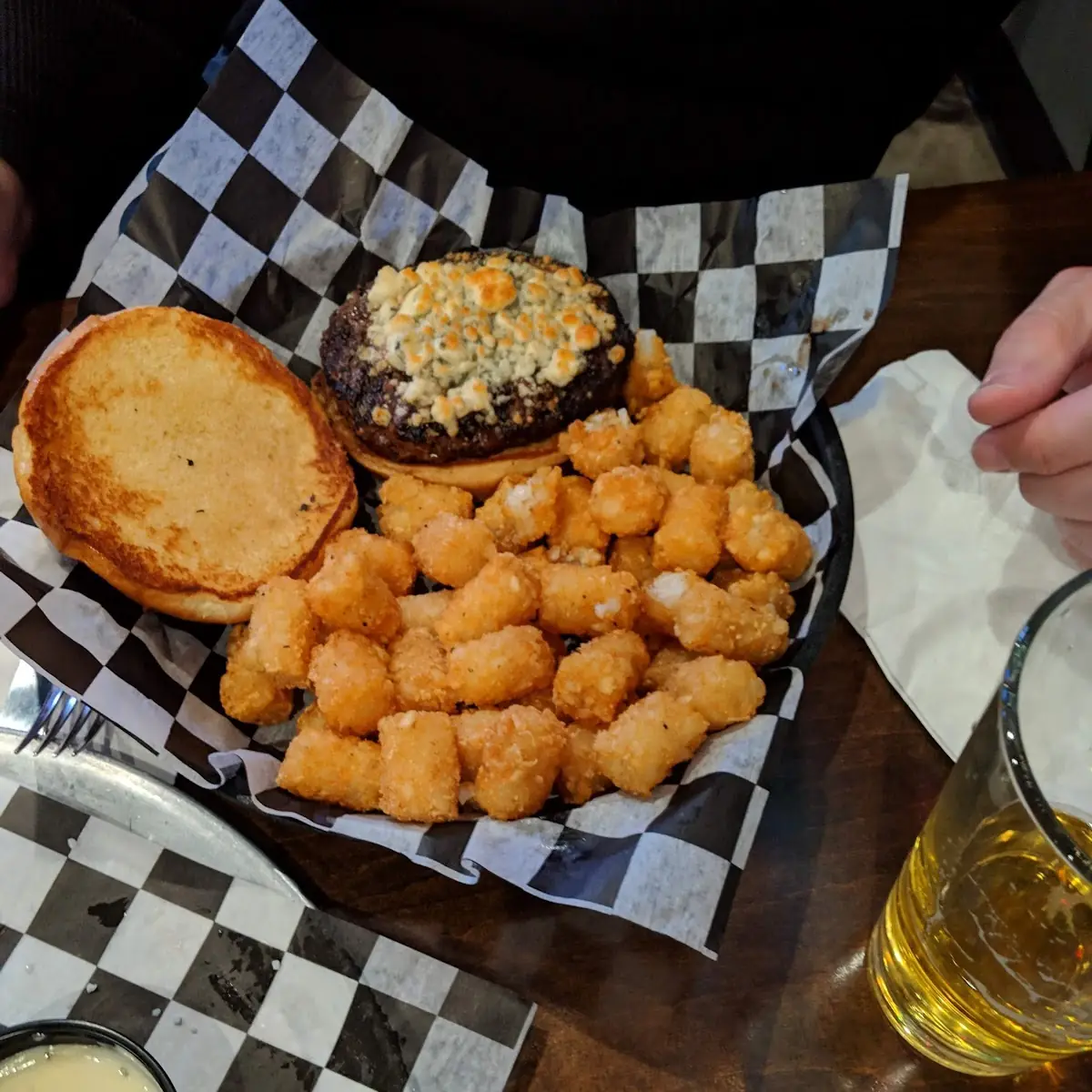Blue Cheese Crumbles Burger with Tots