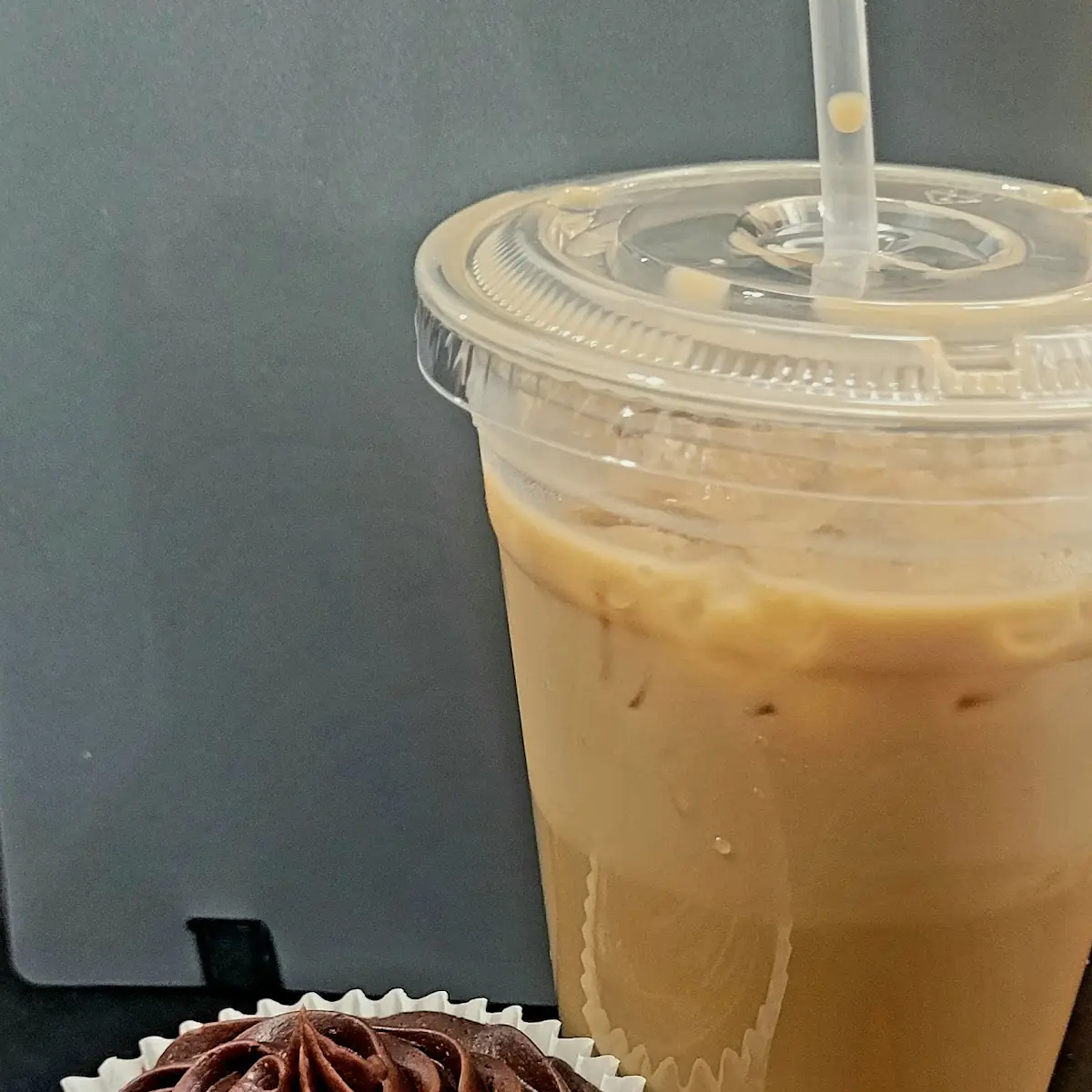Devil's Food Cupcake and a Moca & White Chocolate Latte with Oat Milk
