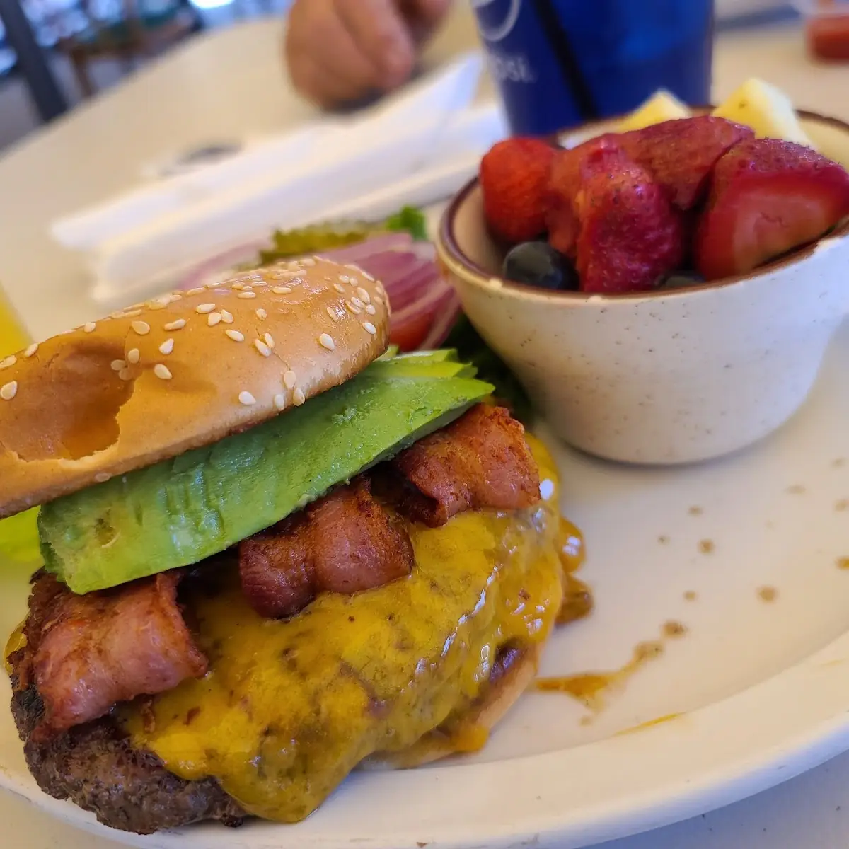 California Bacon Cheeseburger with Mixed Fruit