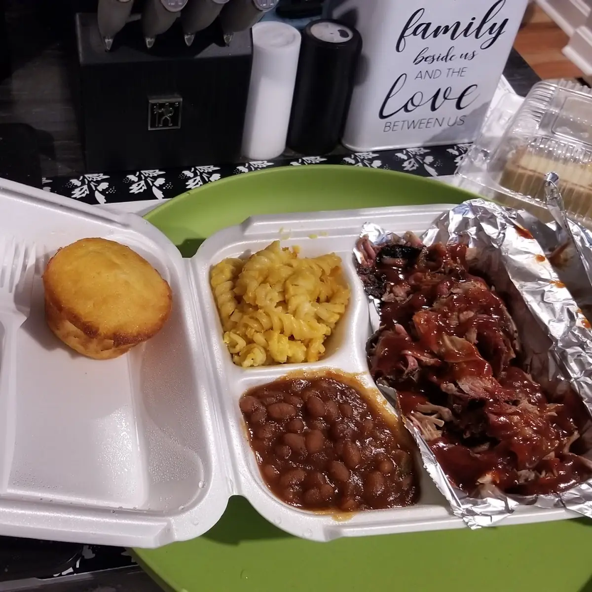 Pulled Pork Mac & Cheese Baked Beans with Cornbread and Homemade Slice of Caramel Iced Cake