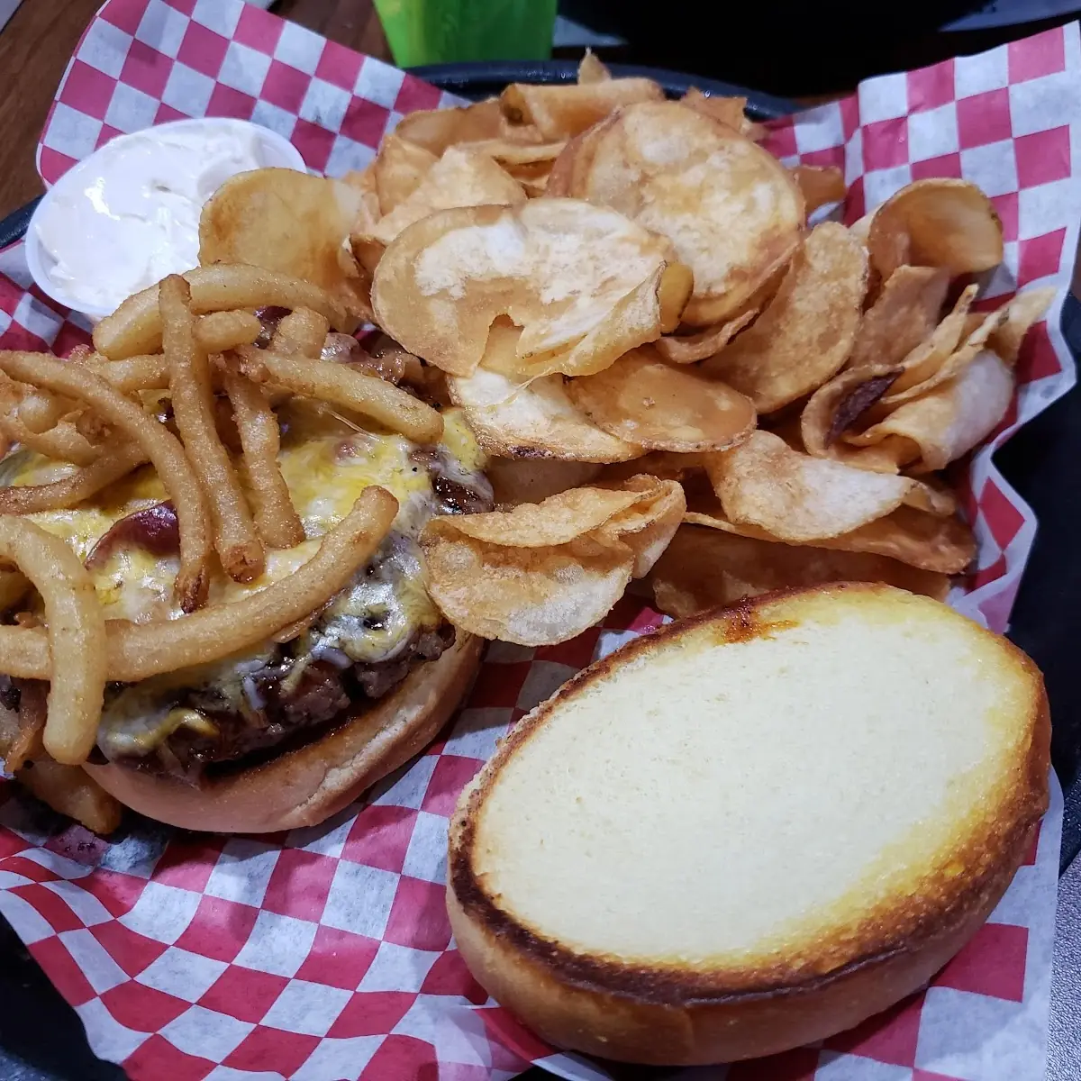 Burger with BBQ Bacon and Onion Straws