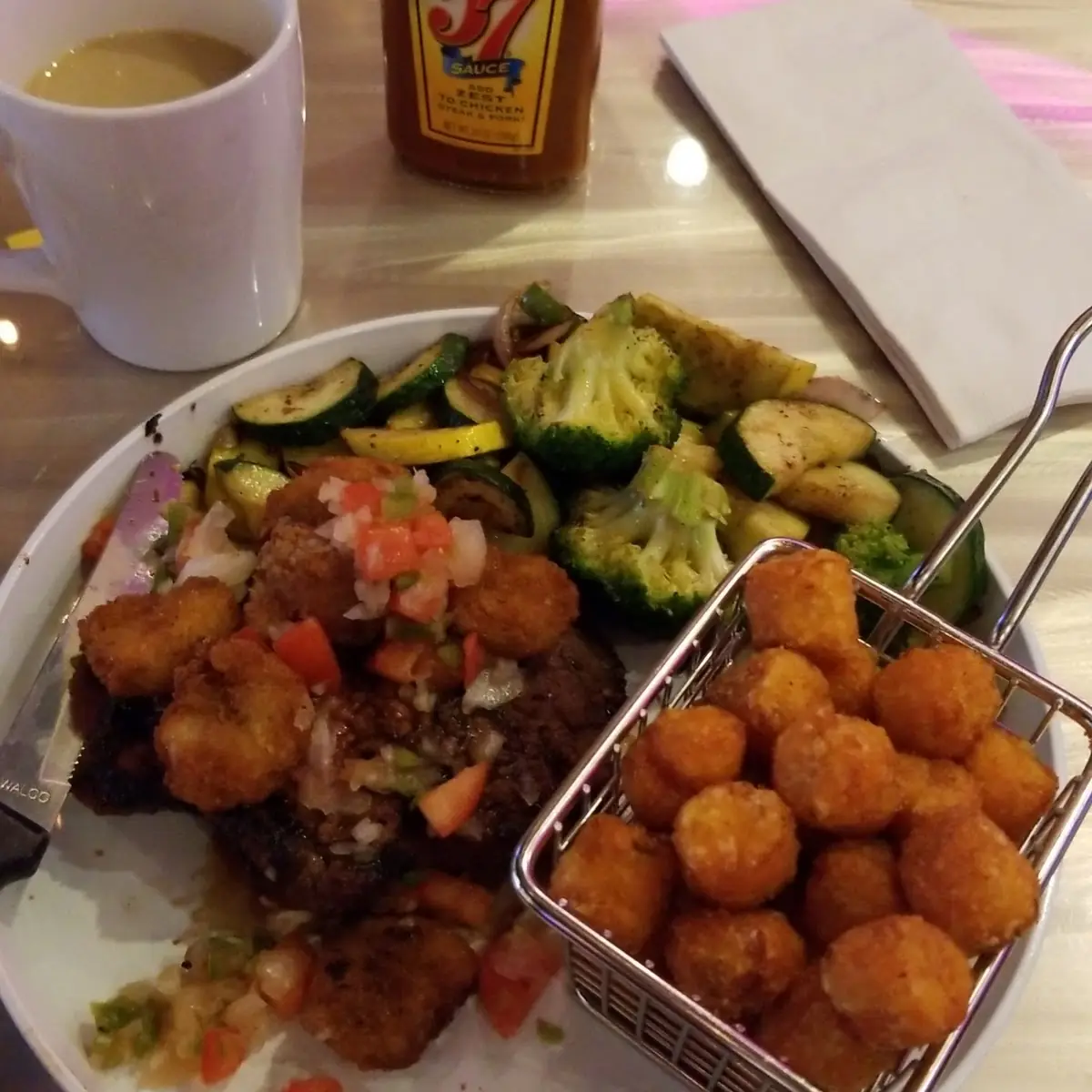 Sweet Potato Tots with Catfish Lock in with Vegetables