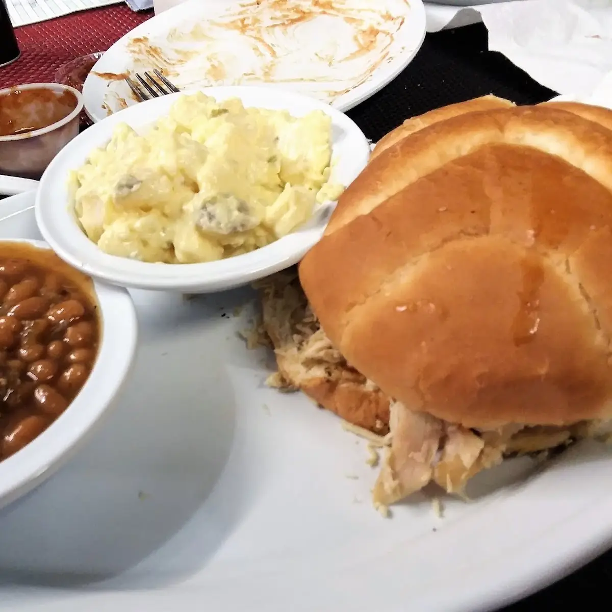 Pulled Chicken Sandwich Potato Salad and Baked Beans