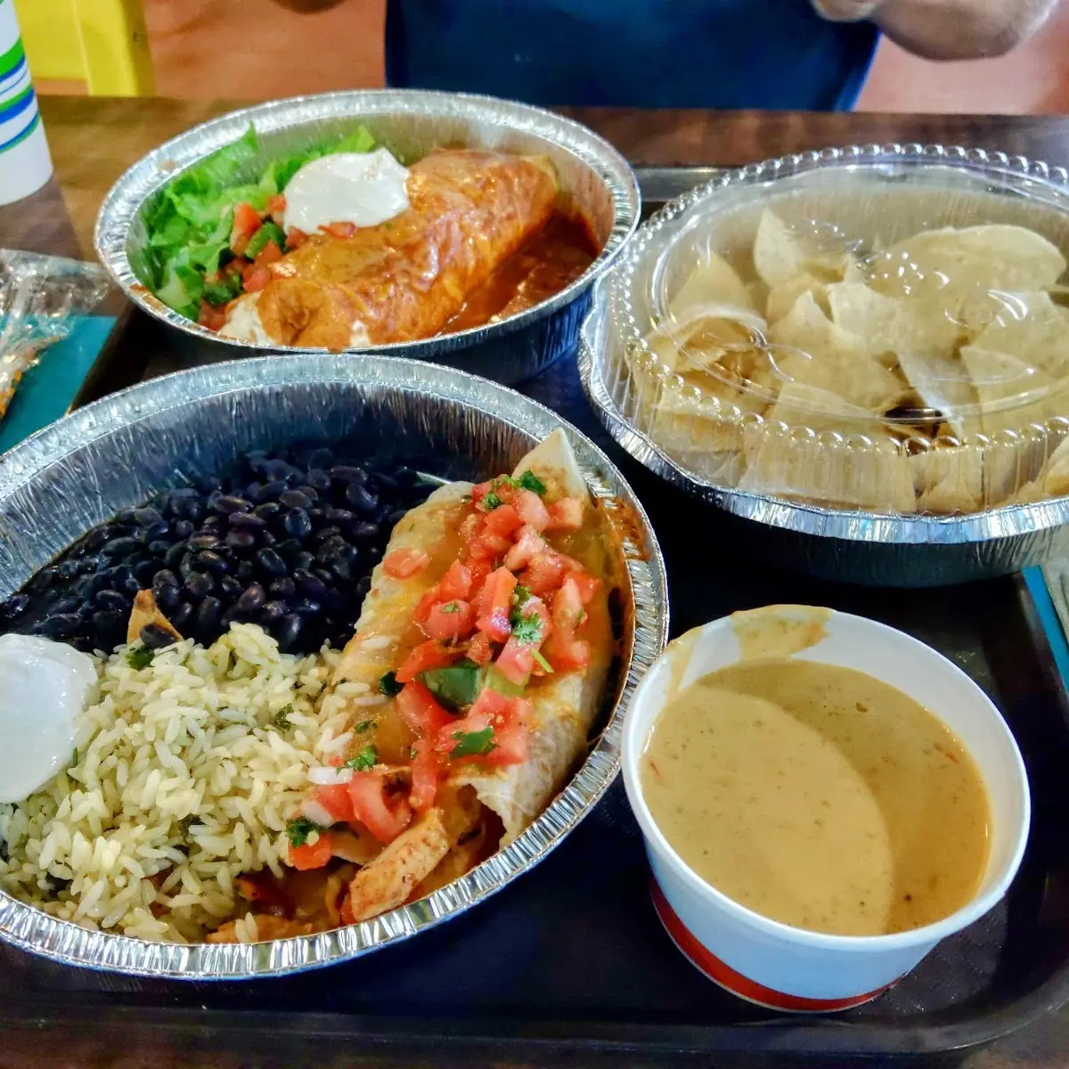 Chicken Enchiladas Chips and Queso