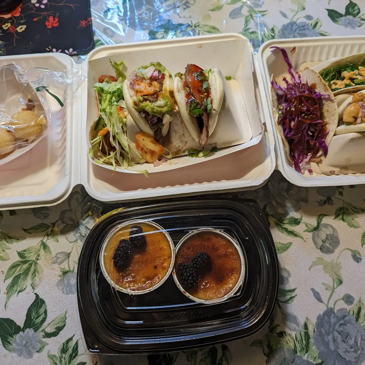 Assorted Taco Offerings Yucca Balls and Creme Brulee