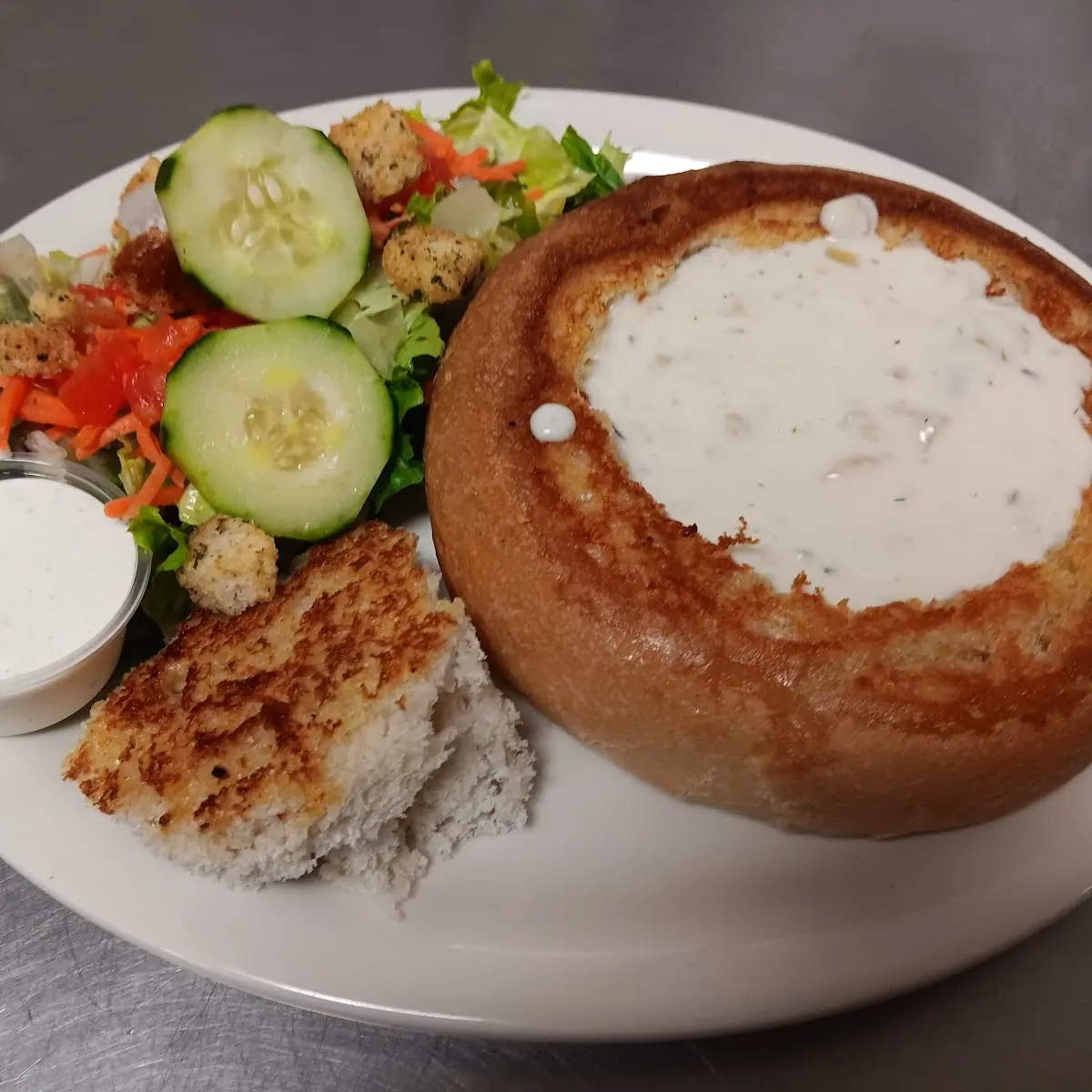 Clam Chowder Bread Bowl and a Salad