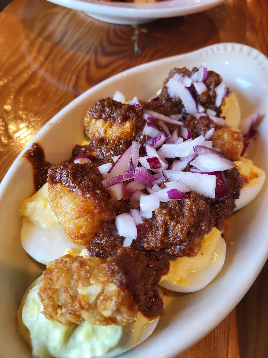 Tator Tot Deviled Egg with Meat Sauce