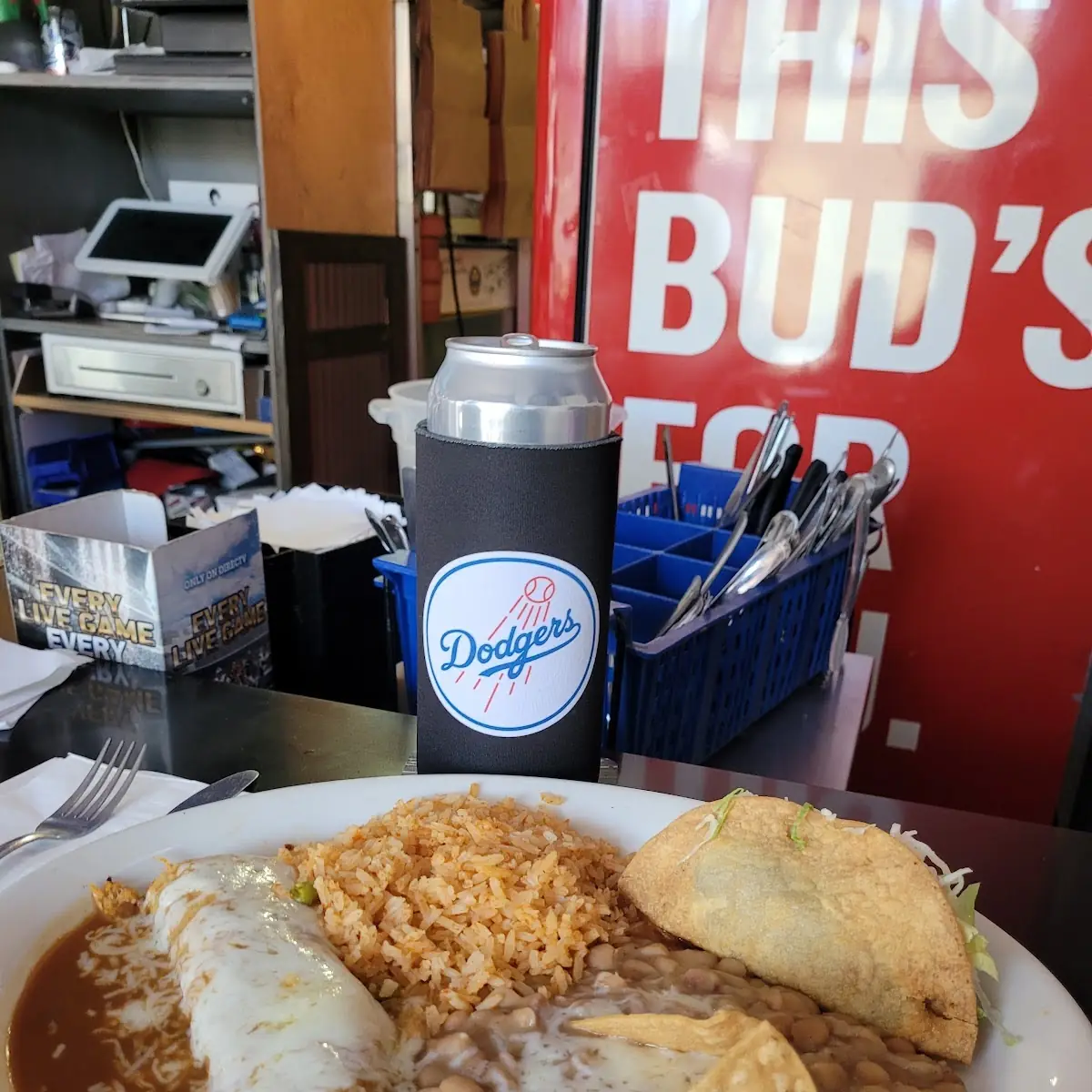 Enchilada and Hard Shell Taco with Rice and Beans