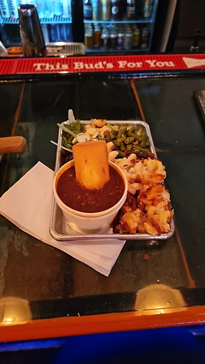 Salad Green Beans Bacon Mac and Cheese Chill with Corn Bread