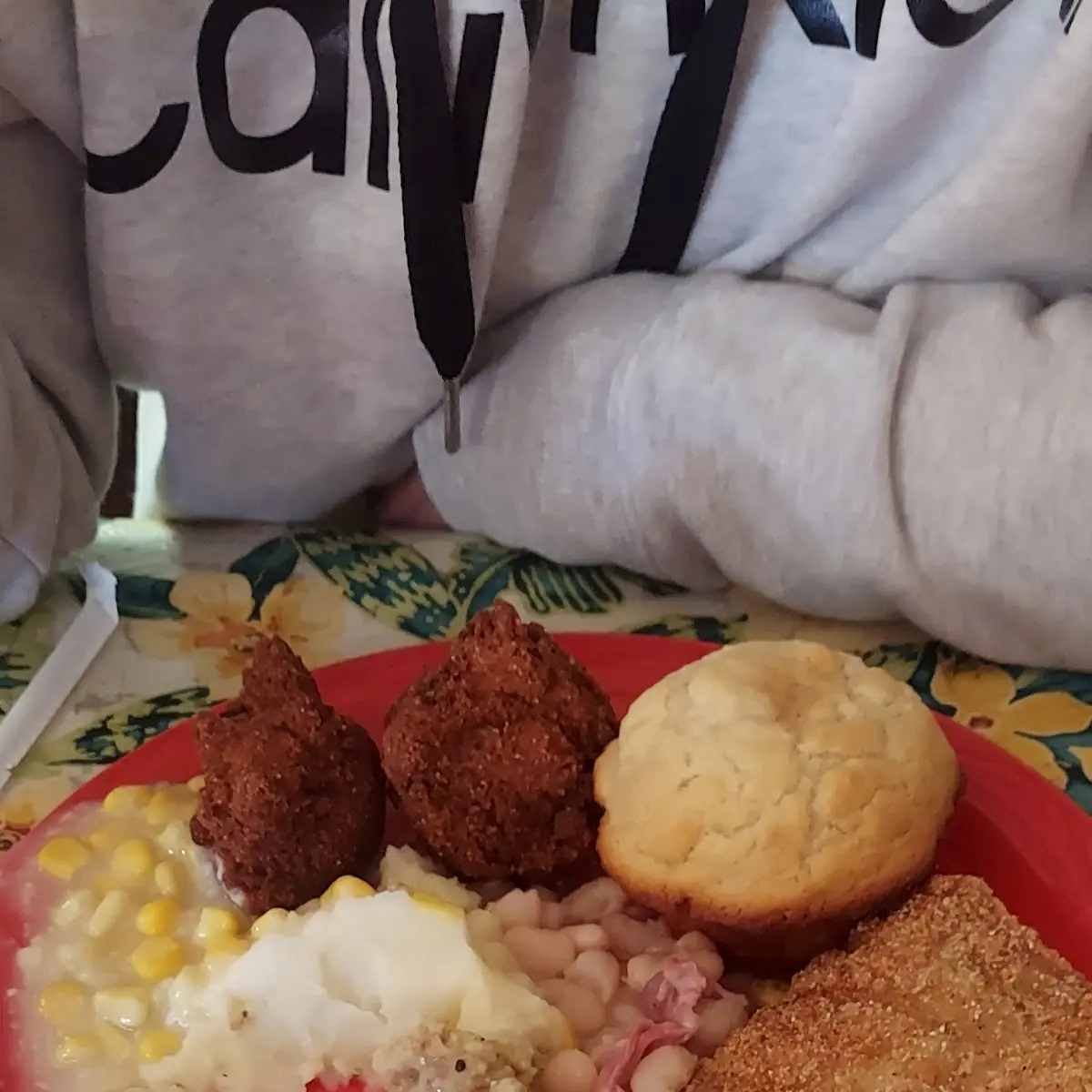 Bottom Chicken and Dressing Fried Catfish Sweet Potato Back Gravy Mashed Fried Chicken Apples