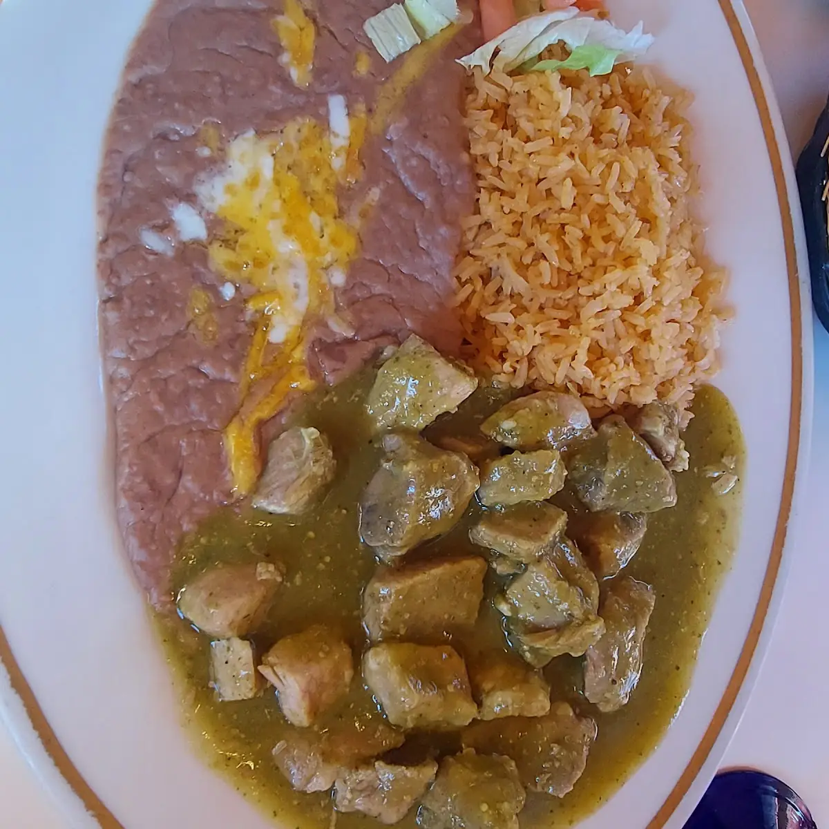 Chile Verde Rice Beans and Tortillas
