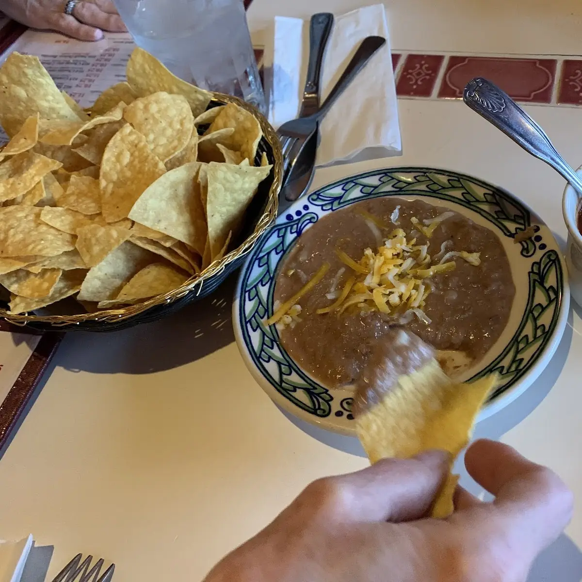 Chips Salsa and Frijoles on Seating