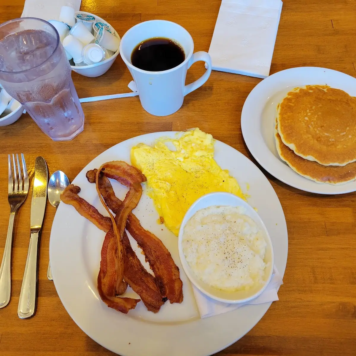 Scrambled Eggs Bacon and Pancakes