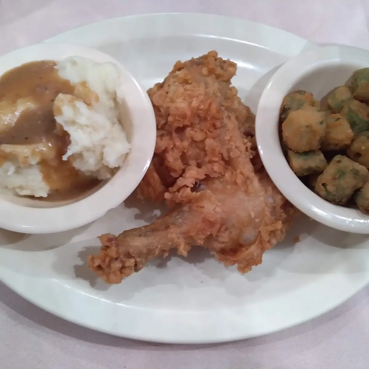 Fried Chicken Lunch Special Dark Meat Mashed Potatoes and Gravy Fried Okra