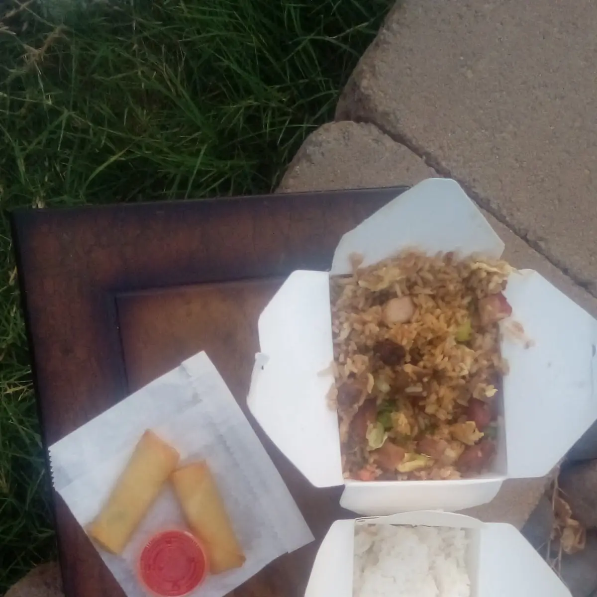 Pork Fried Rice with Egg Rolls and White Rice