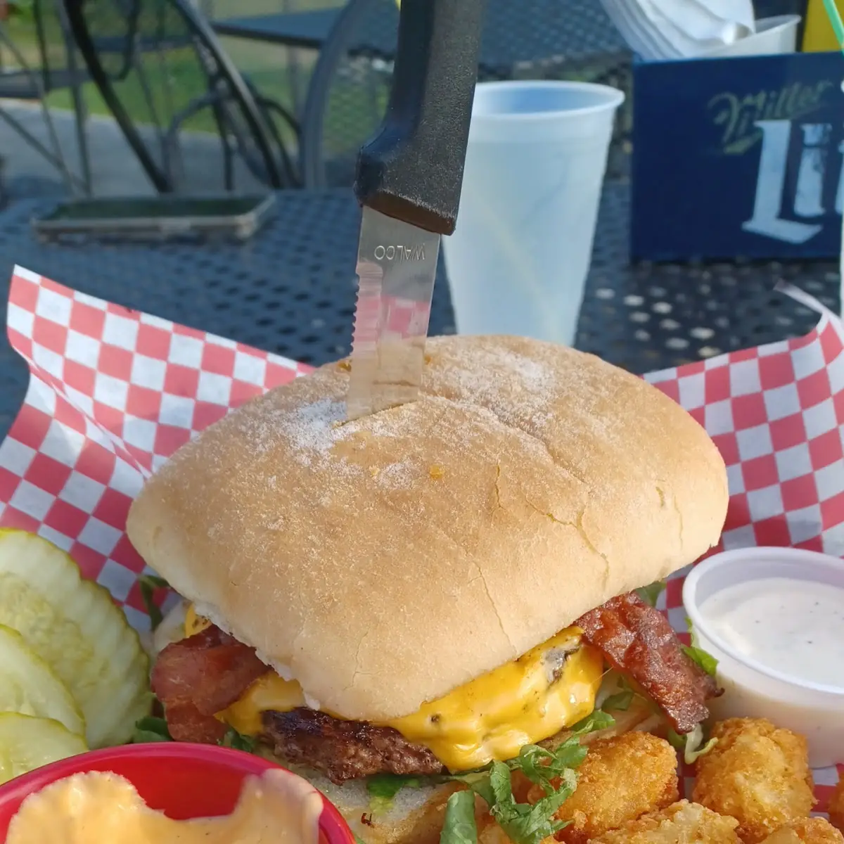 Mushroom Swiss Burger and Tots