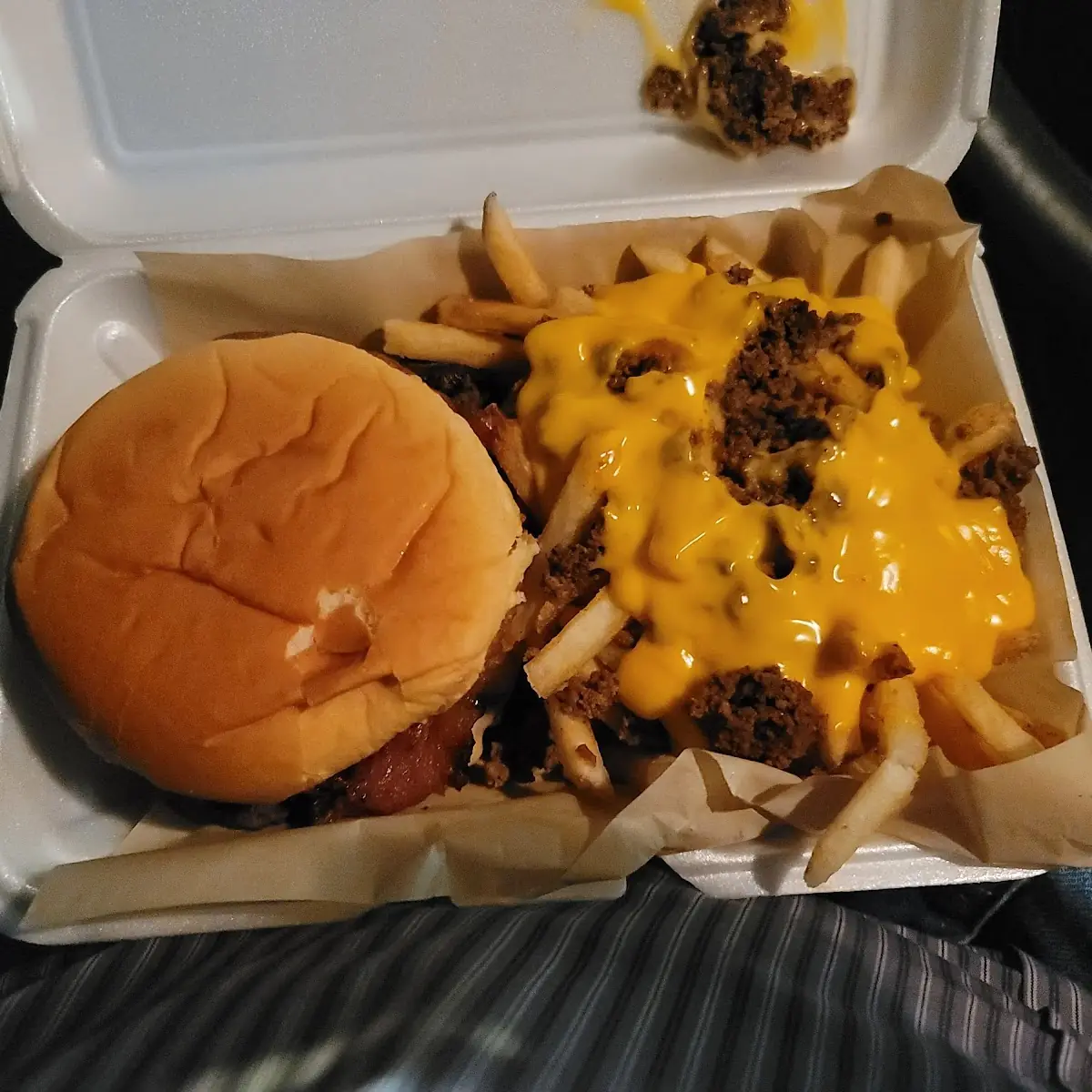 Chili Cheese Fry and Bacon Burger