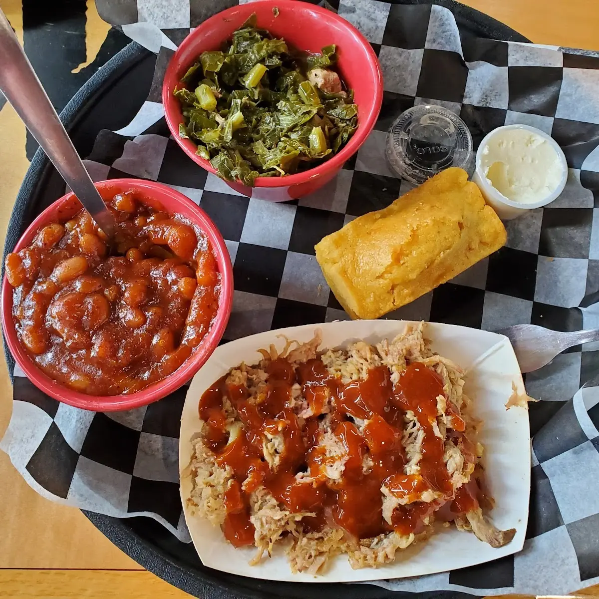 Pulled Pork Baked Beans Collard Greens Corn Bread