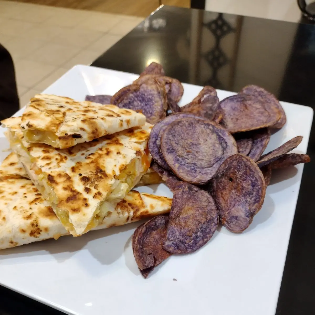 Chicken Quesadilla with Purple Potato Chips