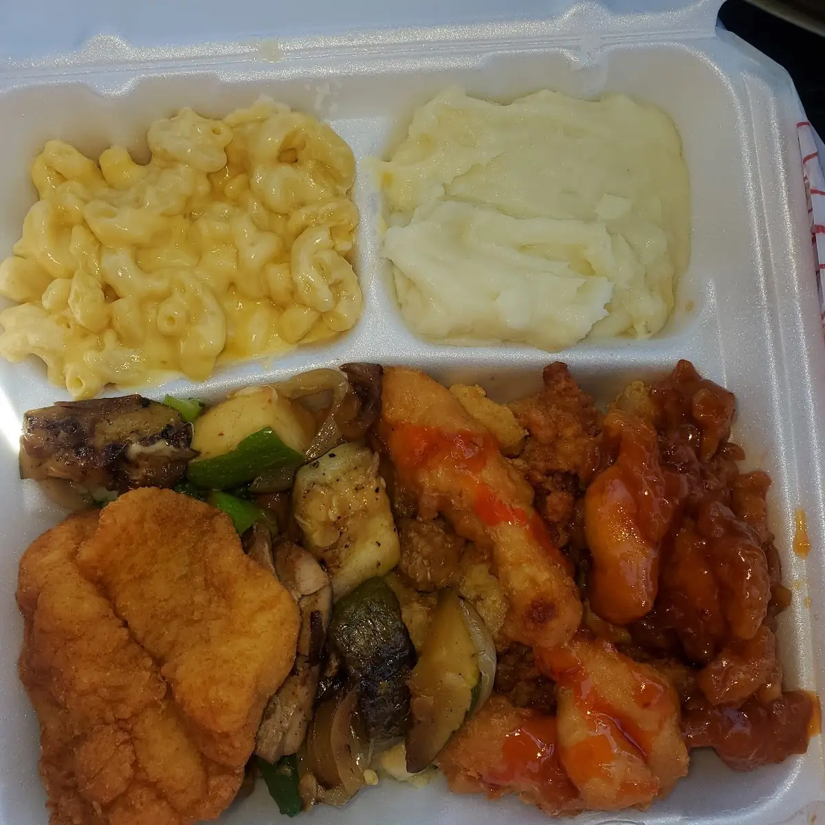 Fried Fish Zucchini Clam Strips Fried Shrimp Chicken Broccoli Mashed Potatoes and Mac and Cheese