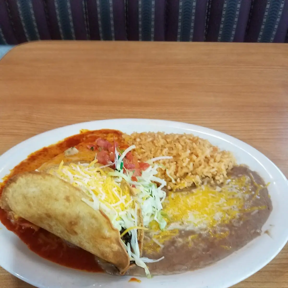 Beef Taco Cheese Enchilada Rice and Beans