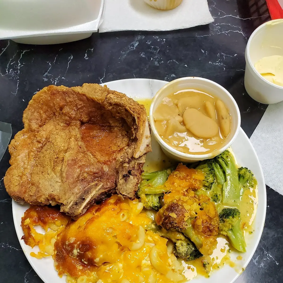 Fried Porkchop Mac N Cheese Butterbeans Broccoli Casserole