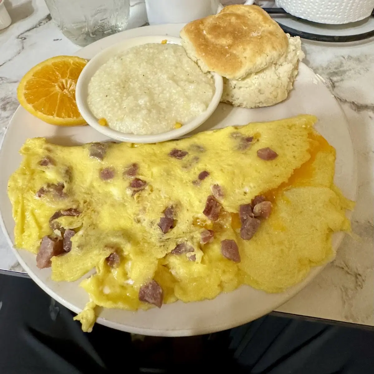 Ham and Cheese Omelet with Grits