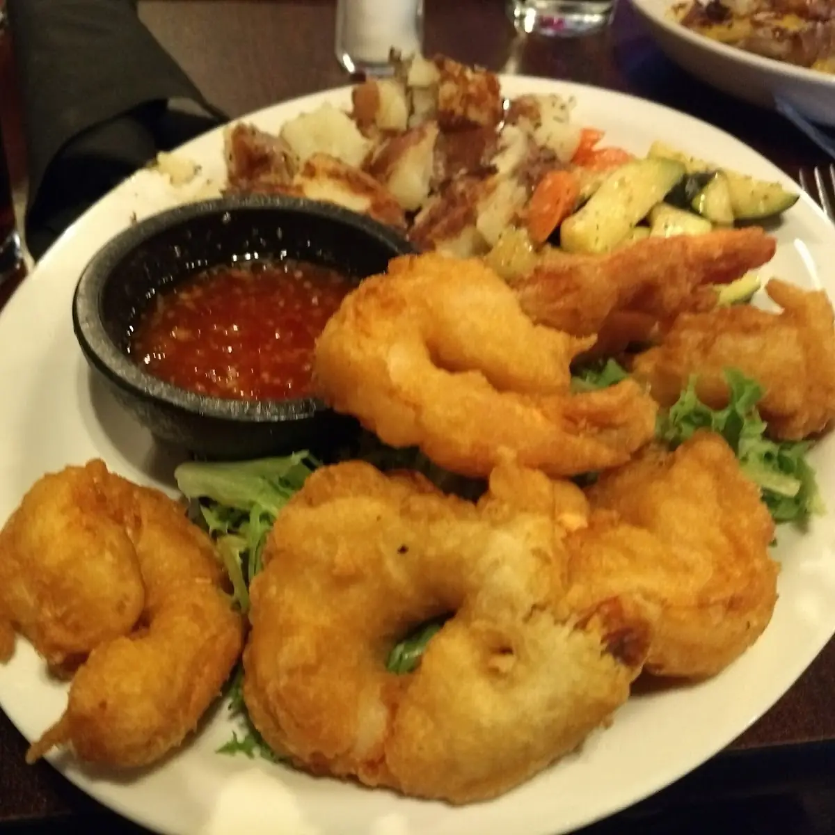 Strawberry Wheat Beer Battered Battered Shrimp with Seasoned Vegetables and Hot Crush Potato